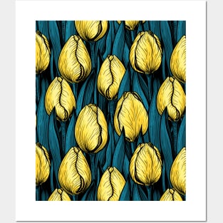 Yellow tulips with blue leaves Posters and Art